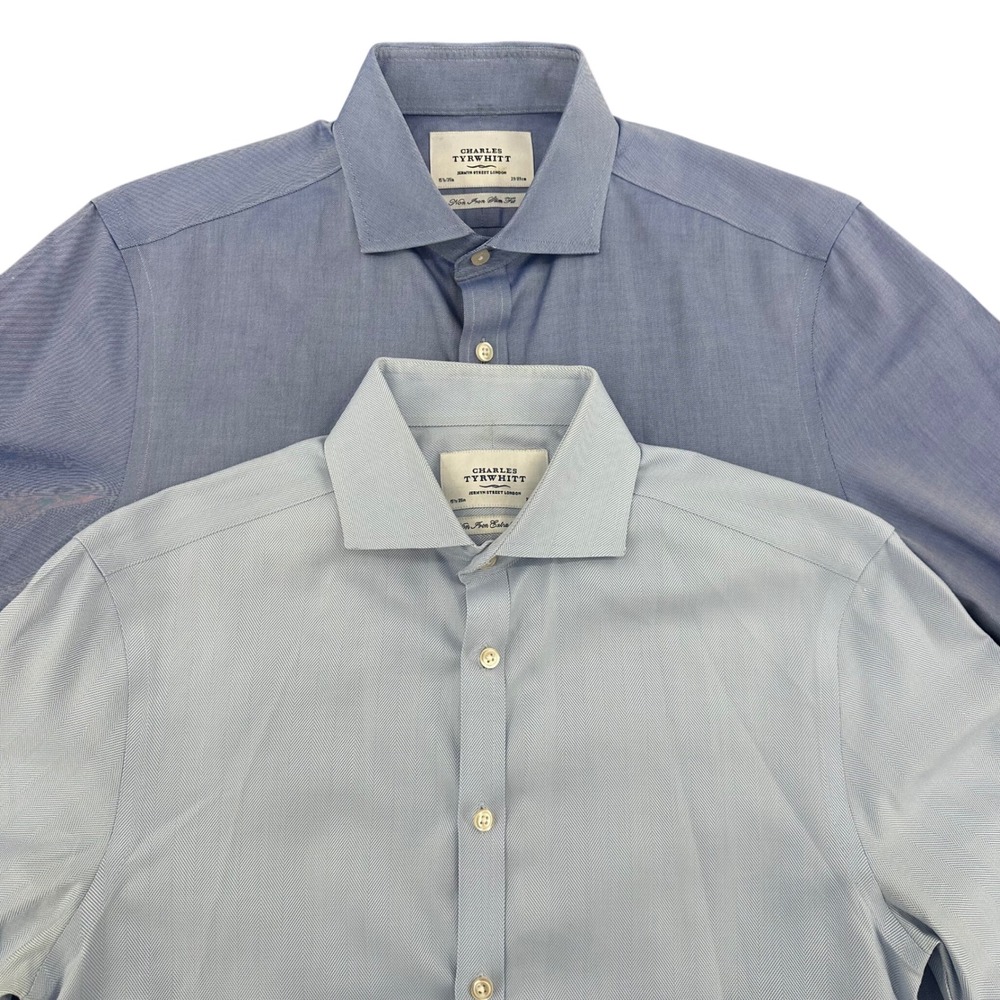 Lot of 2 Charles Tyrwhitt Mens 15 1/2-35 Slim Fit Dress Shirts Blue Herringbone